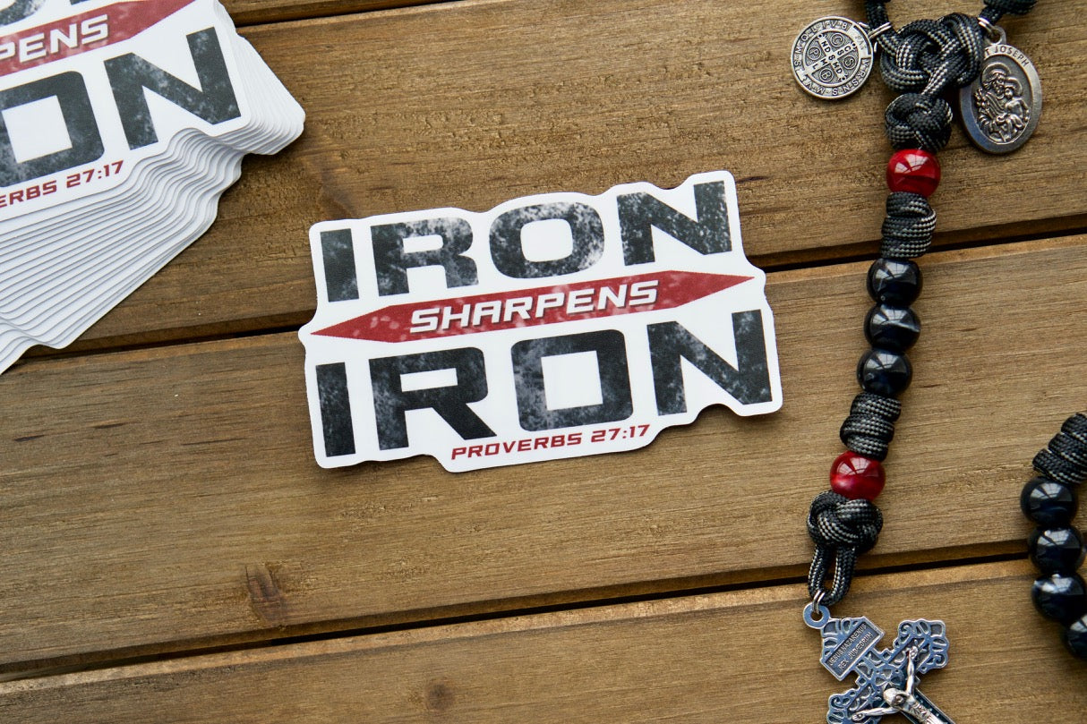 Iron Sharpens Iron - Proverbs 27:17 Vinyl Sticker (4" x 2.25") - Unite in Faith with Sanctus Servo's Premium, Durable Catholic Gift for Your Devotion Journey!