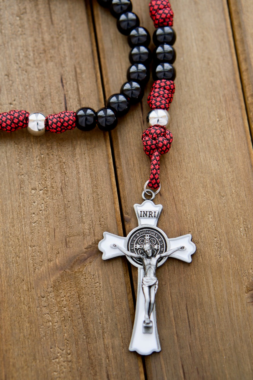 Militia Immaculatae - St. Maximilian Kolbe Signature 5 Decade Paracord Rosary in Red, White, and Black with Enamel St. Benedict Crucifix and Miraculous Medal. Handcrafted by a Catholic family for powerful prayer accessories that are kid-tested and durable.