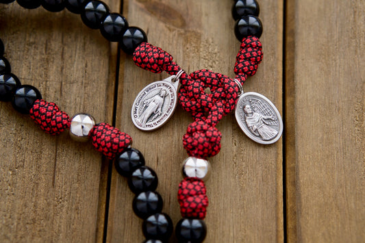 Militia Immaculatae - St. Maximilian Kolbe Paracord Rosary in Red, White, and Black with Large Enamel St. Benedict Crucifix and Miraculous Medal. Durable, Premium Signature 5 Decade Catholic Gift for Kids and Adults.