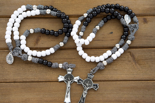 "Together in Prayer" 5 Decade Rosary Set - Durable Paracord Catholic Gift for Newlyweds (Black & White) with St. Benedict Crucifixes and Miraculous Medals