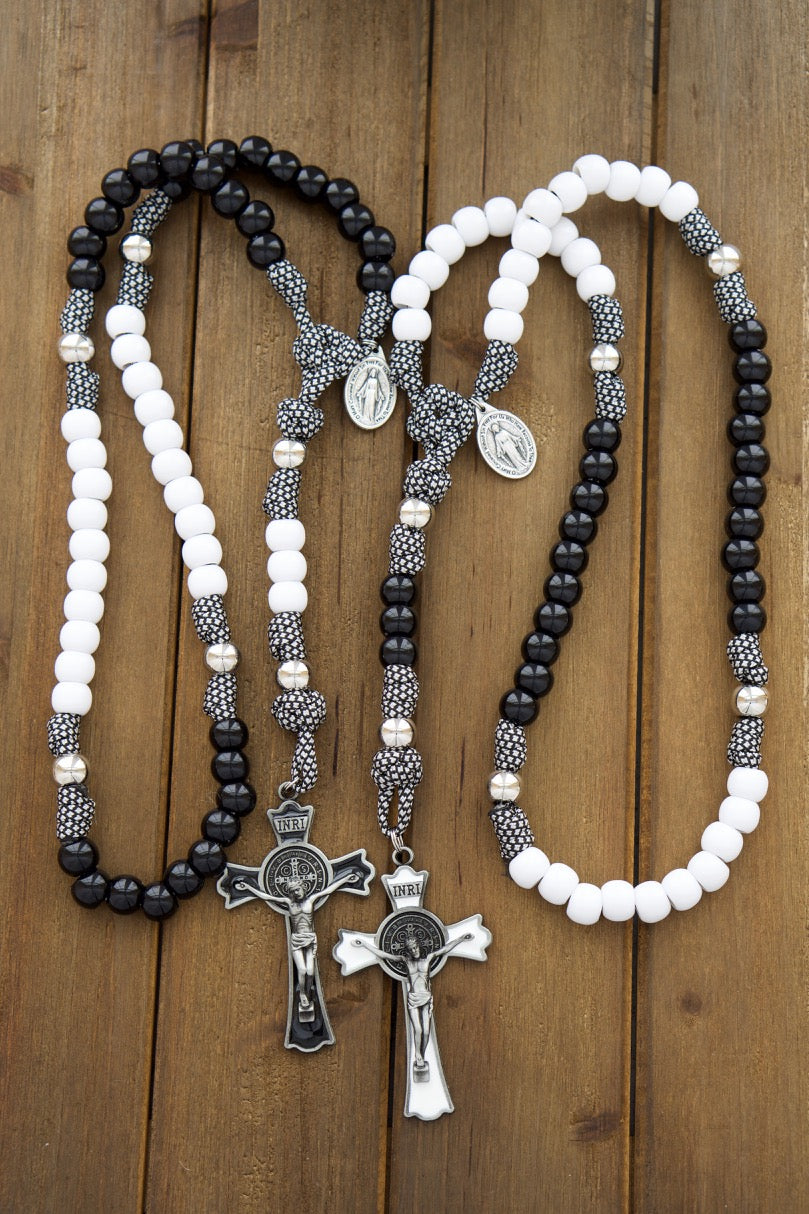 "Together in Prayer" 5 Decade Rosary Set - Handcrafted Paracord Rosaries for Catholic Couples with Black & White Decades, St. Benedict Crucifixes, Miraculous Medals, and Customizable Options (Durable, Unbreakable, Premium)