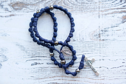 Navy Blue and Gunmetal Knotted Rope Rosary - Durable Paracord 550 Rope Rosary with Miraculous Medal, Standard Size 2" St. Benedict Crucifix, and Acrylic Accent Beads for Prayer on the Go