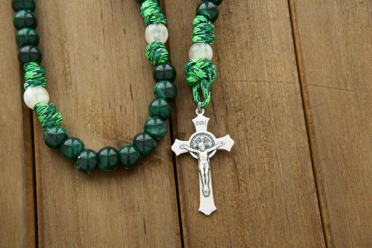 Our Lady of Guadalupe 5 Decade Paracord Rosary - Durable, Unbreakable Green Design with Hail Mary Beads, White Our Father Beads, Devotional Medal, and St. Benedict Crucifix for Daily Devotions