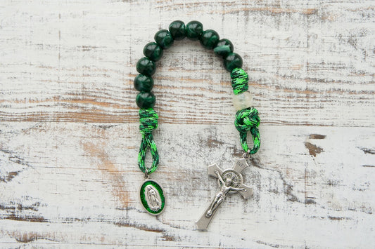 Our Lady of Guadalupe 1 Decade Paracord Rosary - Durable, Premium Green Design with St. Benedict Crucifix and Devotional Medal for Daily Prayers.