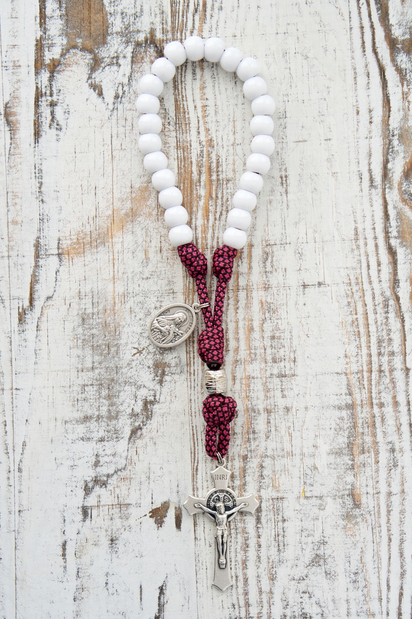 Chaplet of St. Thérèse of Lisieux - White Beaded - Prayer Chaplet: This durable sacramental features pink paracord, 24 white beads, a St. Thérèse devotional medal, and a 2" St. Benedict crucifix.