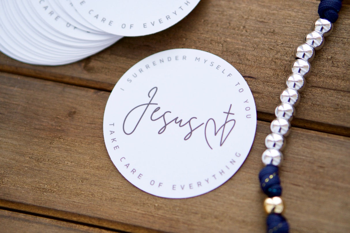 Surrender Prayer Vinyl Sticker - A powerful reminder to trust in Jesus with every aspect of your life. Measures 3" x 3" and is waterproof, dishwasher & microwave safe. Perfect for laptops, cars, or anywhere you need divine guidance! #CatholicGifts #StickersForFaith