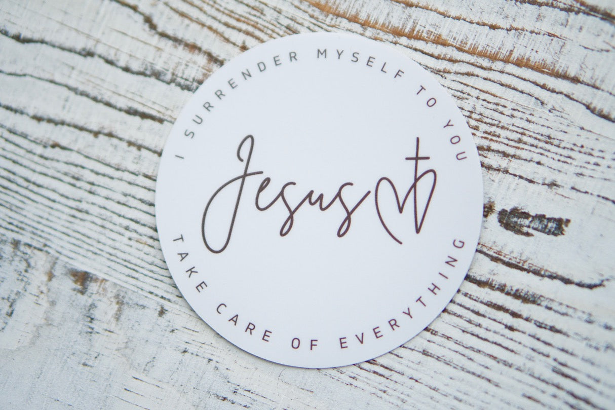 Surrender Prayer - Vinyl Sticker for Catholic devotion (3" x 3") - A powerful reminder to surrender your life to Jesus Christ, perfect for laptops or car windows, and durable enough for dishwasher and microwave use without residue.