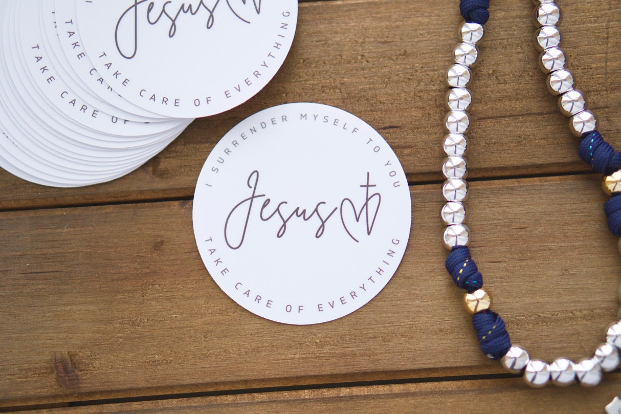 Surrender Prayer Vinyl Sticker - A powerful reminder to surrender your life to Jesus, measuring 3" x 3". This durable, premium unbreakable Catholic gift pairs perfectly with our handmade rosaries for a strong spiritual weapon in the fight against evil.