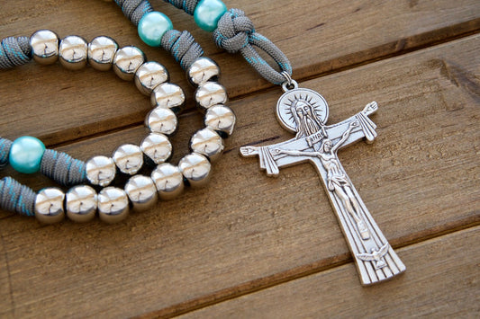 St. Anne's Intercession paracord rosary made by Sanctus Servo with a large Holy Trinity crucifix.