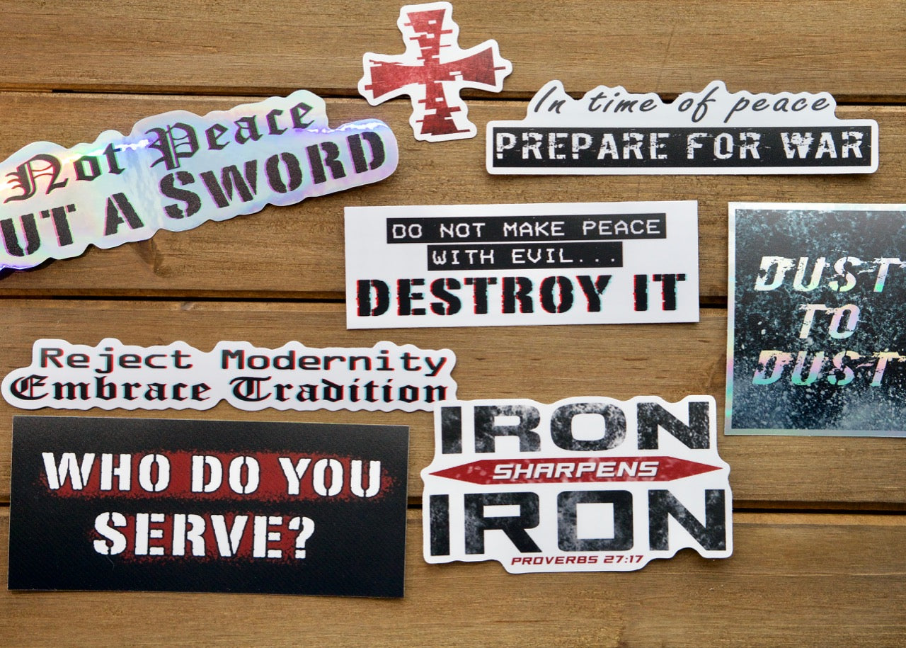 Catholic vinyl stickers from Sanctus Servo - Durable and vibrant stickers to spread the faith and inspire devotion, available in various designs and perfect for use on cars, laptops, or water bottles.