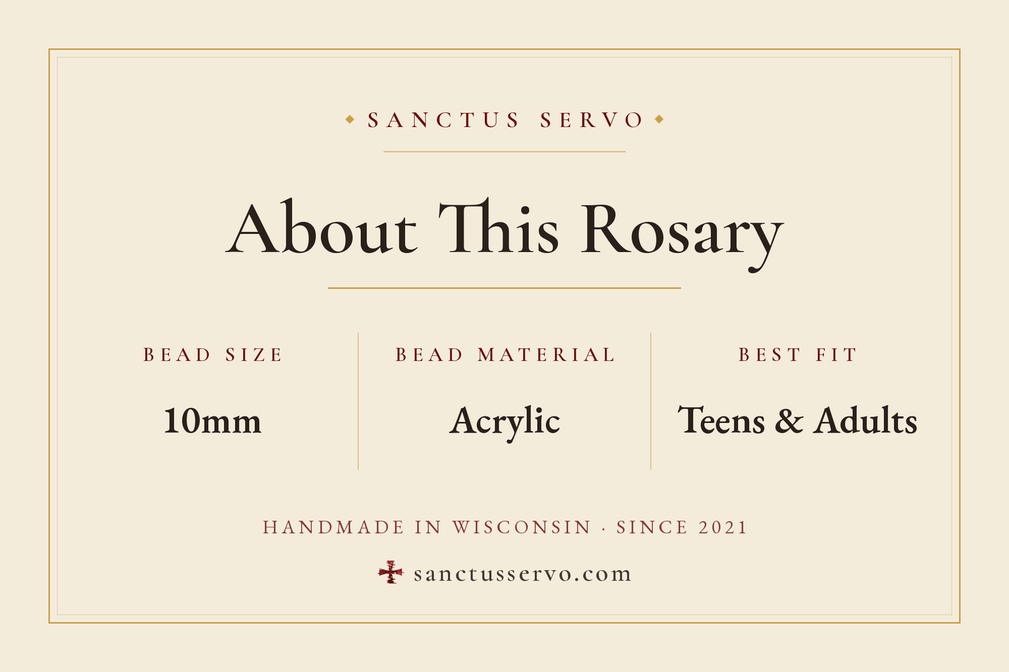 A product information card for the 'About This Rosary' by Sanctus Servo, detailing bead size (10mm), bead material (Acrylic), and best fit (Teens & Adults).