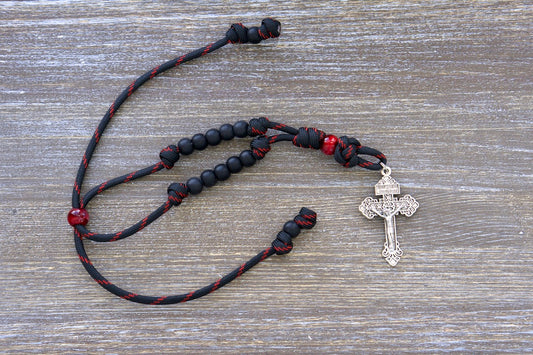 Beautifully crafted paracord rosary for your car's rearview mirror, featuring a powerful devotion to The Blood of Christ and measuring approximately 9 inches when tightened.