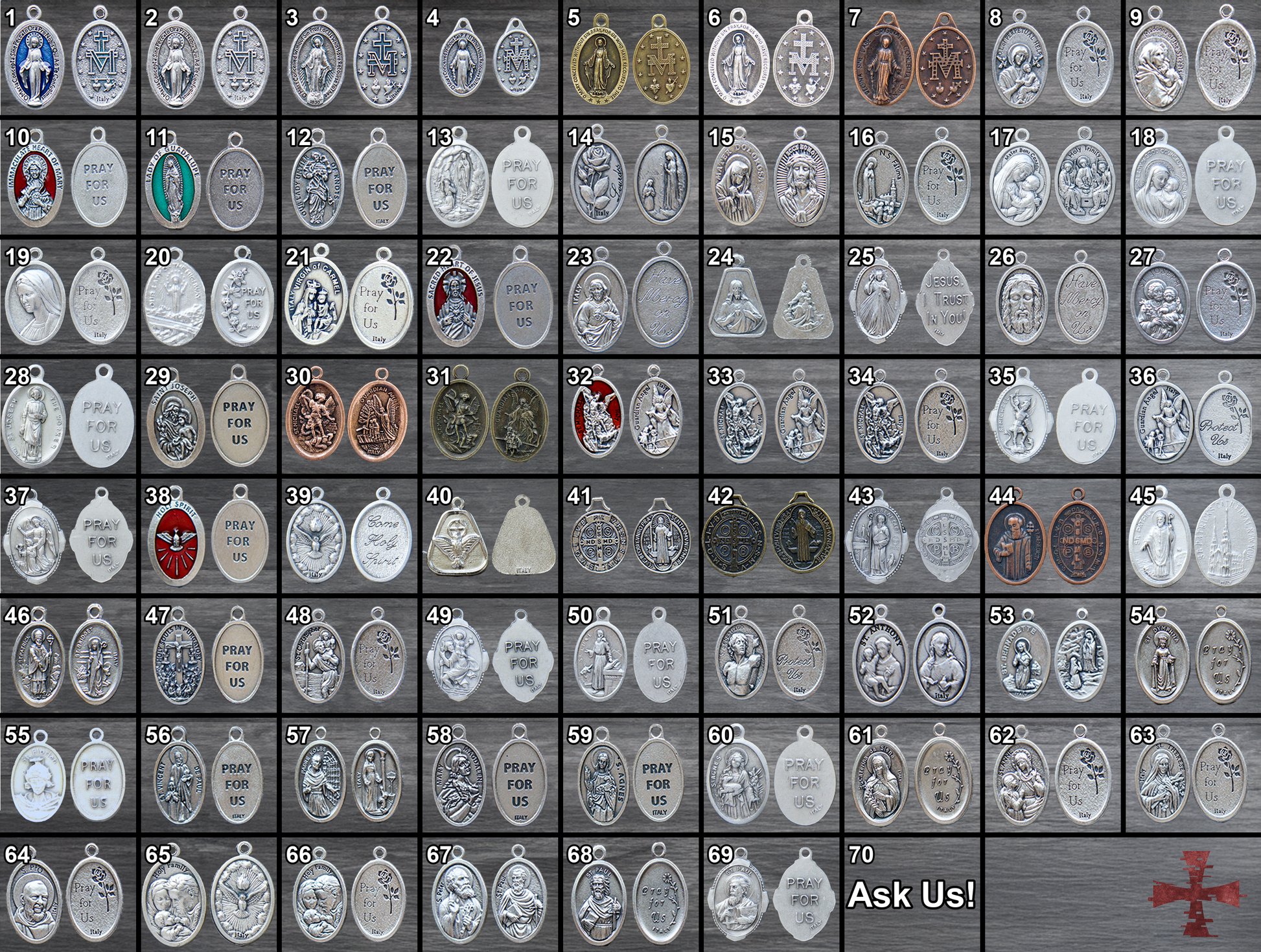 Selection of 70 Catholic Patron Saint Medals available as add-ons to personalize your custom rosary.