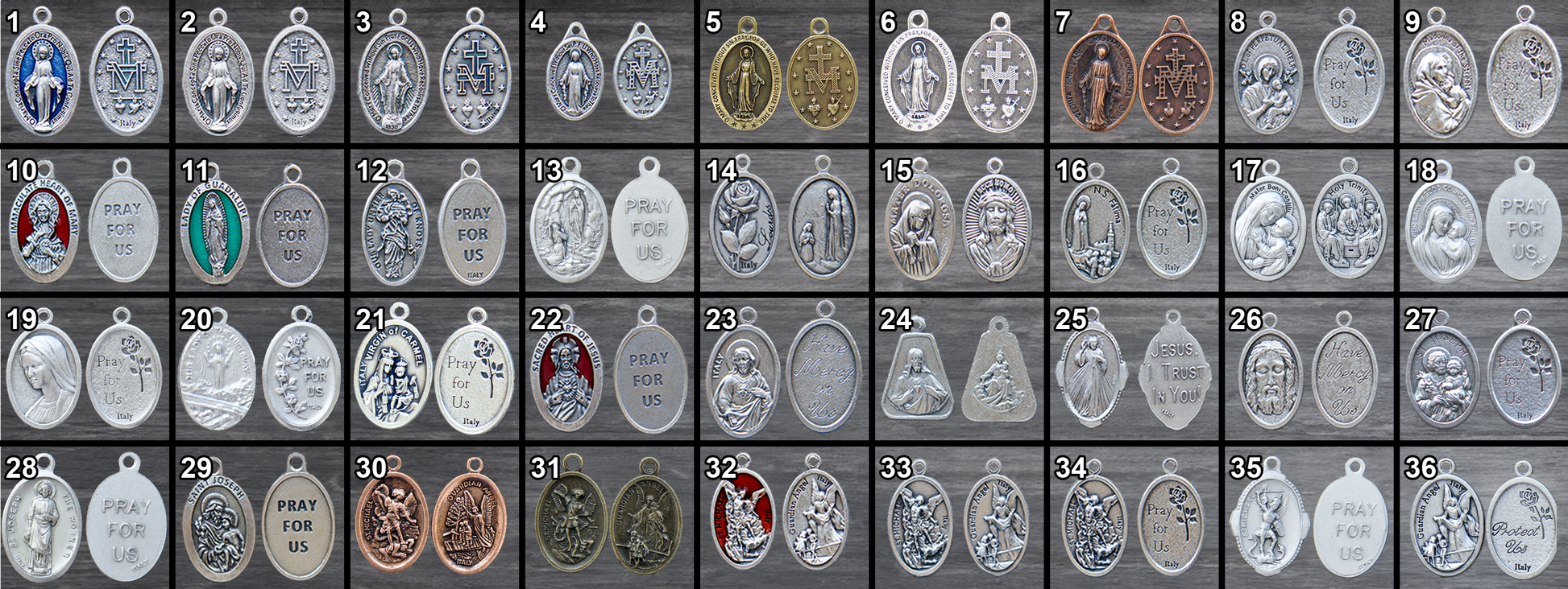 Grid of 36 diverse Catholic patron saint medals, including several Miraculous Medal designs for your rosary.