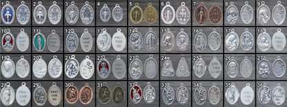 Grid of 36 diverse Catholic patron saint medals, including several Miraculous Medal designs for your rosary.