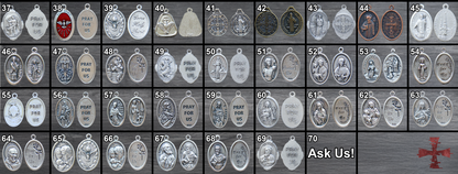 Grid of 69 unique Catholic Patron Saint Medals available as add-ons for custom rosaries.