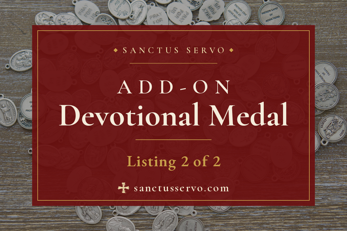 Promotional graphic for a 'Sanctus Servo Add-On Devotional Medal' listing, many add-on medal options available to be added to any paracord rosary or bracelet ordered.