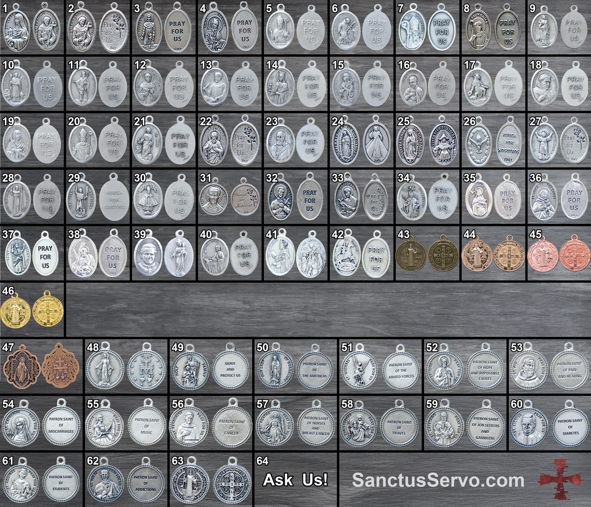 Numbered chart of over 60 Catholic Patron Saint Medals available as add-ons for customized rosaries.