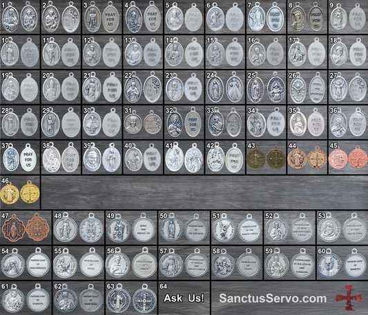 Numbered chart of over 60 Catholic Patron Saint Medals available as add-ons for customized rosaries.