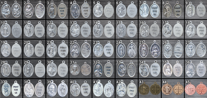 Grid of 45 Catholic Patron Saint Medals in silver, bronze, and rose gold for custom rosary additions.