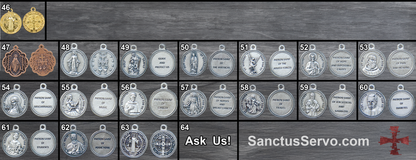 Numbered grid of various Catholic Patron Saint Medals, including the Miraculous Medal and St. Jude.