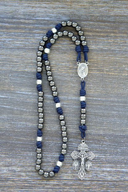 Seven Sorrows Servite Rosary chaplet: gunmetal metal beads (10mm), Mater Dolorosa centerpiece, triple crucifix on paracord in navy blue cord