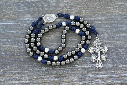 7 Sorrows Servite Rosary with gunmetal beads, navy paracord, Mater Dolorosa centerpiece, and 2" Triple Threat Pardon crucifix.