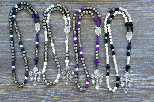 7 Sorrows Servite Rosary with Mater Dolorosa centerpiece and 2" Pardon Crucifix, 10mm metal beads on paracord in white, black, navy, or purple.