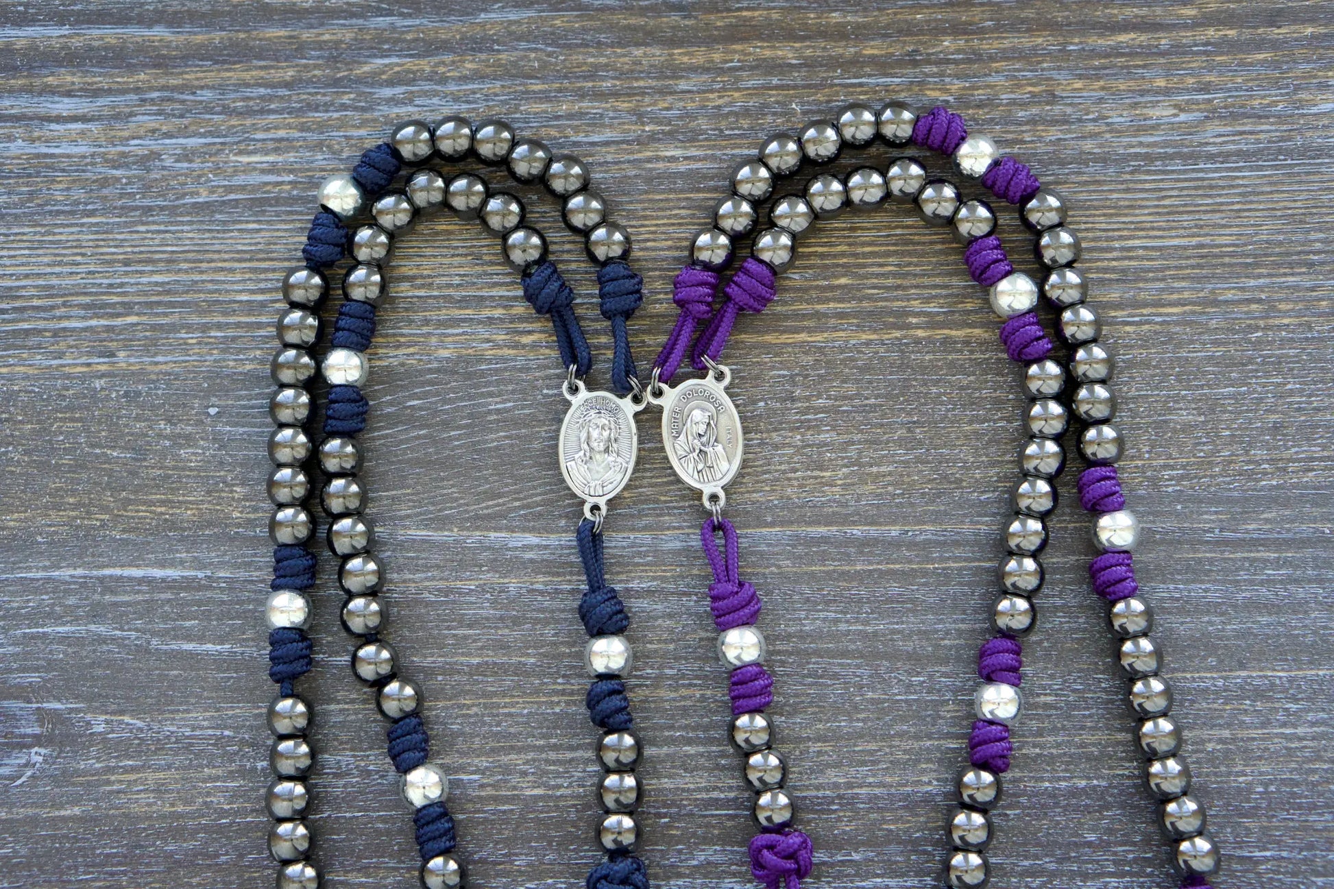 7 Sorrows Servite Rosary with Mater Dolorosa centerpiece and 2" Pardon Crucifix, 10mm gunmetal beads on paracord foundation.