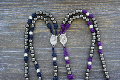 7 Sorrows Servite Rosary with Mater Dolorosa centerpiece and 2" Pardon Crucifix, 10mm gunmetal beads on paracord foundation.