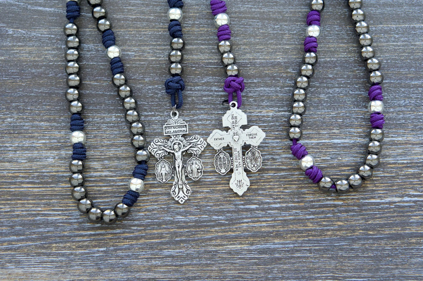 7 Sorrows Servite Rosary with Mater Dolorosa centerpiece, 10mm metal beads, paracord, and 2" Pardon Crucifix in white, black, navy, or purple.