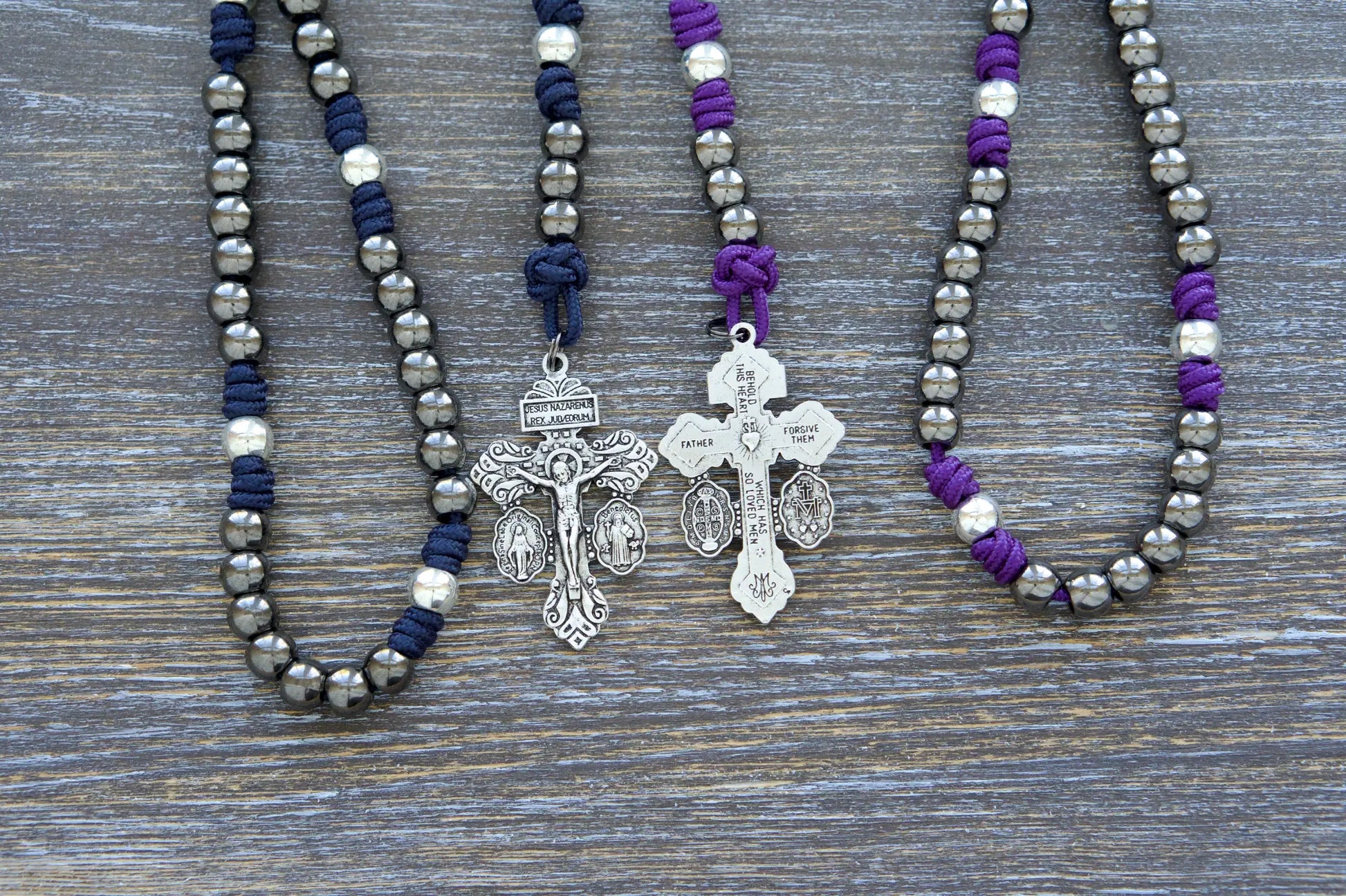 7 Sorrows Servite Rosary with Mater Dolorosa centerpiece, 10mm metal beads, paracord, and 2" Pardon Crucifix in white, black, navy, or purple.