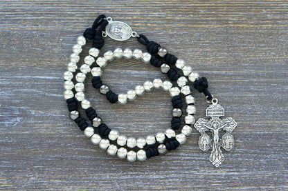 7 Sorrows Servite Rosary chaplet: silver alloy beads, Mater Dolorosa centerpiece, Triple Threat Pardon crucifix on midnight black paracord.