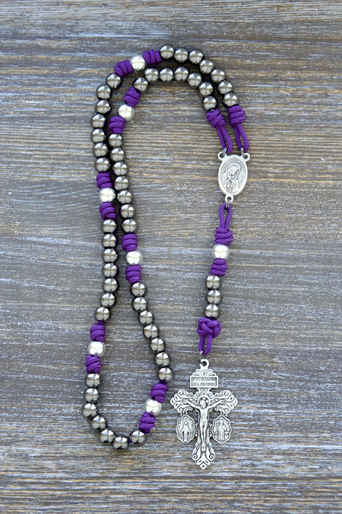7 Sorrows Servite Rosary with Mater Dolorosa centerpiece, triple crucifix, paracord in royal purple, 10mm metal alloy beads.