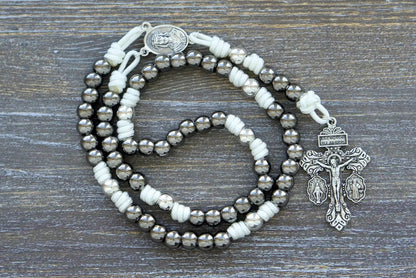Premium metal rosary chaplet with white, black, navy blue and purple rope options, featuring Mater Dolorosa design.