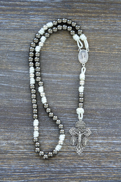 7 Sorrows Servite Rosary with Mater Dolorosa centerpiece and 2" Pardon Crucifix on paracord, 10mm metal beads in gunmetal/silver.