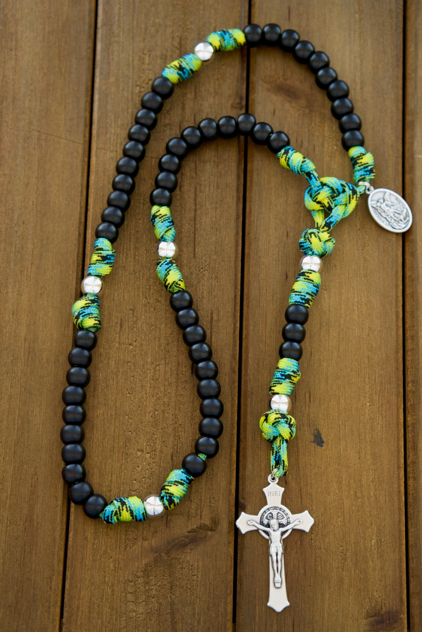 Green, Black and Silver 5 Decade Paracord Rosary for Adventure Awaits Catholic Boys - Durable, Unbreakable, and Spiritual Companion for Outdoor Expeditions