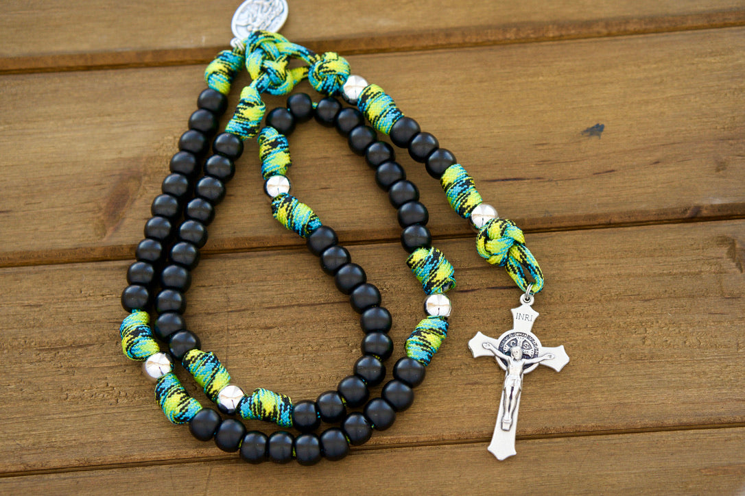 Lime green, blue, and black camo paracord rosary beads; matte black Hail Mary beads; silver Our Father beads; Catholic boys rosary for adventure.