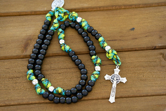 Lime green, blue, and black camo paracord rosary beads; matte black Hail Mary beads; silver Our Father beads; Catholic boys rosary for adventure.