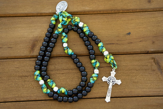 Adventure Awaits - Green, Black and Silver - 5 Decade Paracord Rosary for Catholic Boys, durable paracord rosary with St. Michael and Guardian Angel medals, perfect for faith-fueled expeditions.