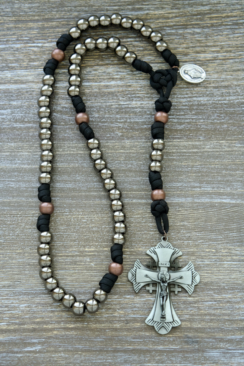 Ancient Armor - 5 Decade Paracord Rosary: Premium quality, unbreakable paracord rosary with large 12mm gunmetal Hail Mary beads, antique copper Our Father beads, and a grey Jerusalem cross. Perfect Catholic combat accessory for modern warriors.