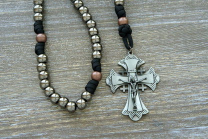 Ancient Armor - 5 Decade Paracord Rosary: Unbreakable, premium quality Catholic combat accessory with large gunmetal and antique copper beads, black paracord, Jerusalem cross, and Miraculous Medal devotional medal. Perfect for men seeking divine protection in daily battles.