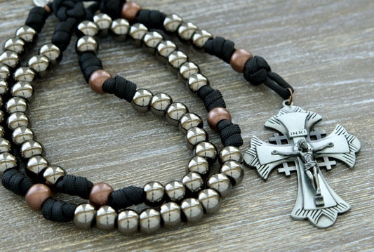 Ancient Armor - 5 Decade Paracord Rosary for Men with Gunmetal Hail Mary Beads, Antique Copper Our Father Beads, and Black Paracord. Durable, Premium Quality Paracord Rosary with Large Grey Jerusalem Cross and Miraculous Medal Devotional Medal. Handmade Catholic Combat Accessory for Modern Warriors.