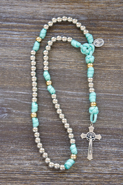 August Queen Rosary: 5-decade paracord design featuring a 2" St. Benedict crucifix for protection.
