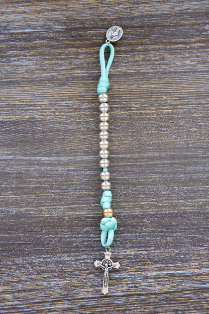 August Queen of the Heavens Kids Paracord Rosary with teal cord, royal silver beads, 2" St. Benedict crucifix, and 3/4 inch Miraculous Medal
