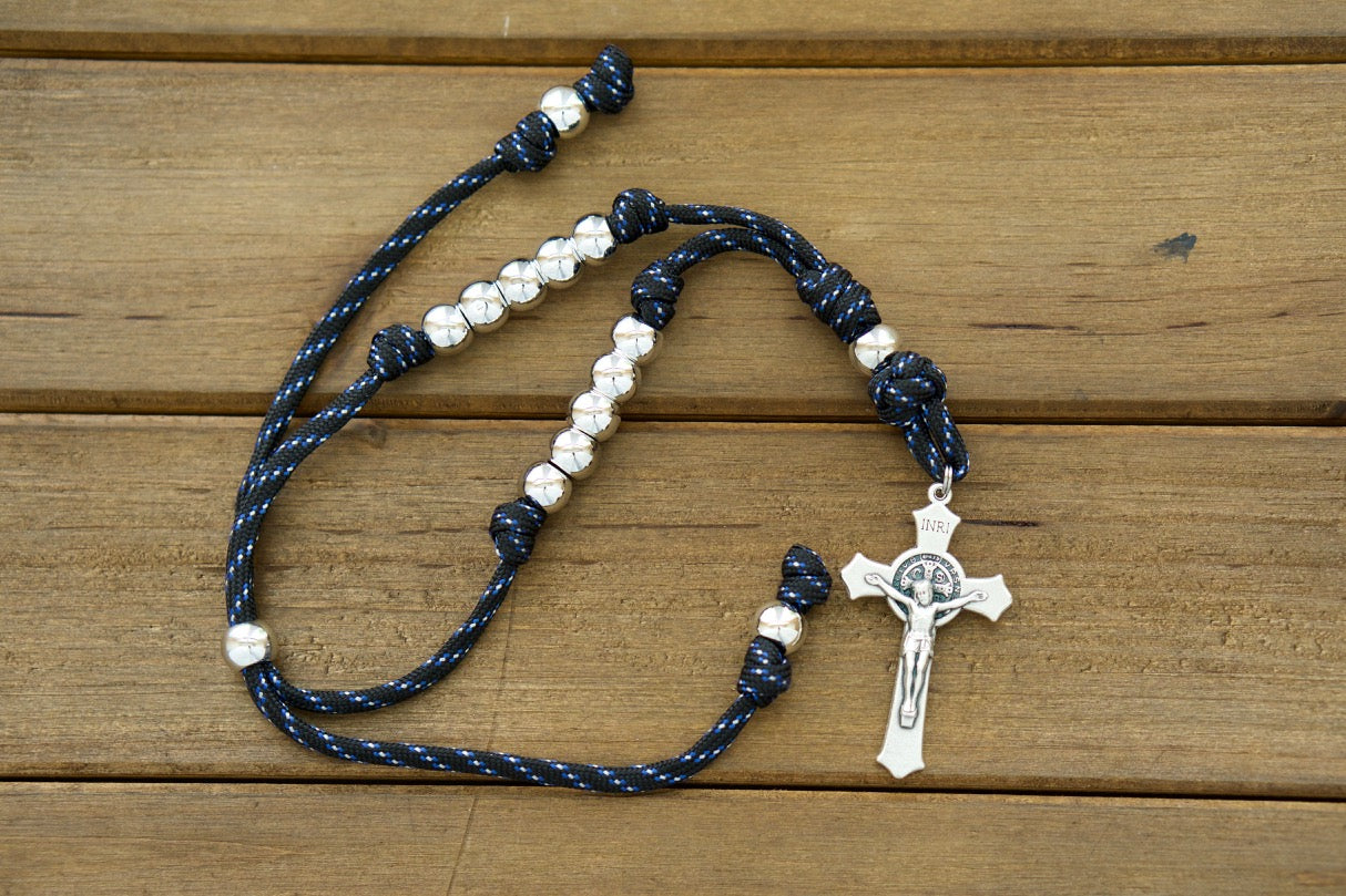 Black, Blue, and Silver Rearview Mirror Paracord Rosary - Handmade Catholic Traveler's Spiritual Weapon with Durable 550 Paracord and St. Benedict Crucifix