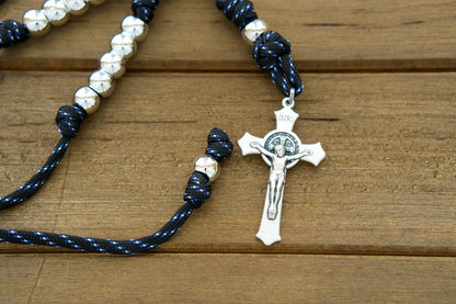 Black, Blue, and Silver Rearview Mirror Paracord Rosary for Travelers - Handmade Catholic Spiritual Weapon with 2" St. Benedict Crucifix and Adjustable Length