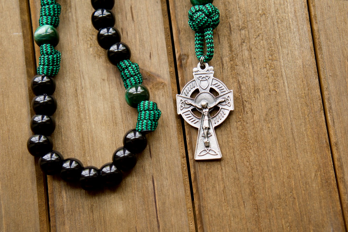 Irish Green and Black Blessed Trinity Paracord Rosary featuring St. Patrick, St. Bridget, and Irish Trinity Crucifix with Miraculous Medal - Durable 5 Decade Catholic Gift