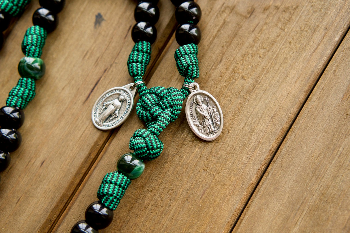 Beautiful Blessed Trinity - St. Patrick & St. Bridget Irish Green and Black 5 Decade Paracord Rosary with Irish Trinity Crucifix and Miraculous Medal.