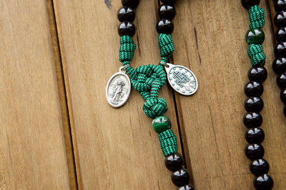 Irish Green & Black Blessed Trinity Paracord Rosary with St. Patrick, St. Bridget, Hail Mary & Our Father beads, Irish Trinity Crucifix and Miraculous Medal - 5 Decade Catholic Gift